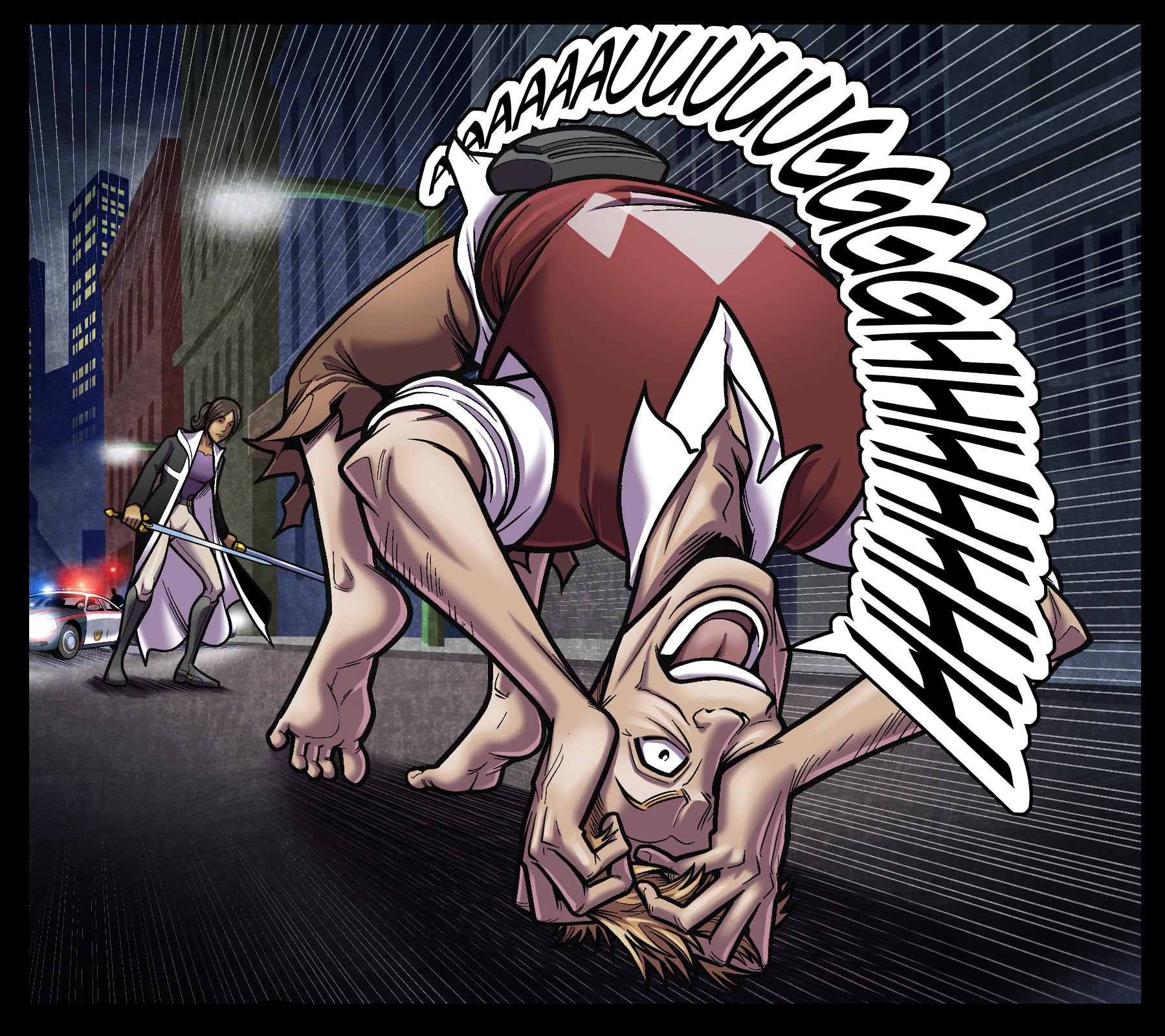 Back in the material world, Zorensen bends over backwards, screaming at the top of his lungs. His face is contorted into a mask of horror. ZORENSEN: AAAAAUUUUGGGHH!!