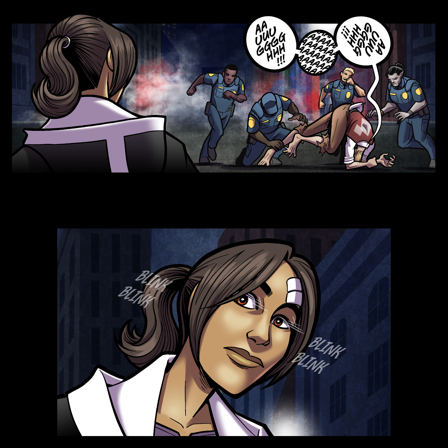 Panel 2: Bastion City Police rush in to pin Zorensen, who is writhing on the ground in agony, clutching the hand that Daisy mangled in his mind. ZORENSEN: AAAUUGGH! AAAAAAAAAAAA!!! AAAUUGGH!! Panel 3: Close up on Vangel, blinking in surprise. She has no idea what has just happened.