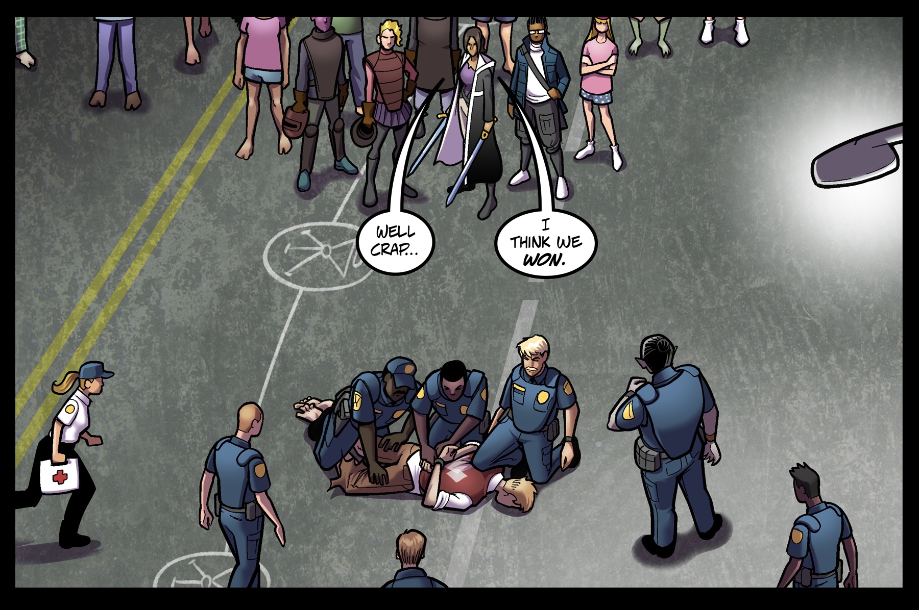 PANEL 4 ( Team and crowd looking down at Zorensen being arrested) VANGEL: “Well crap…” “I think we won.”